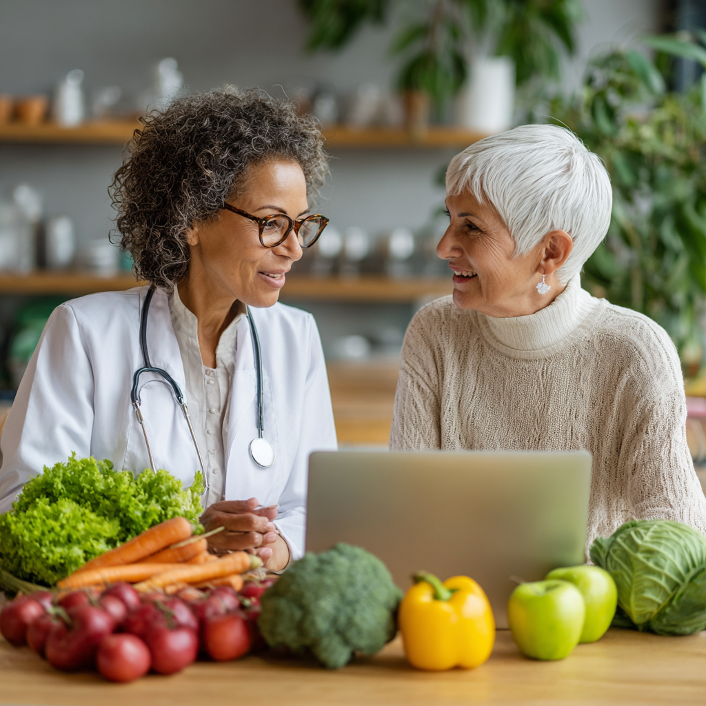 Middle-aged nutritionist consulting with older adult client about personalized nutrition plan