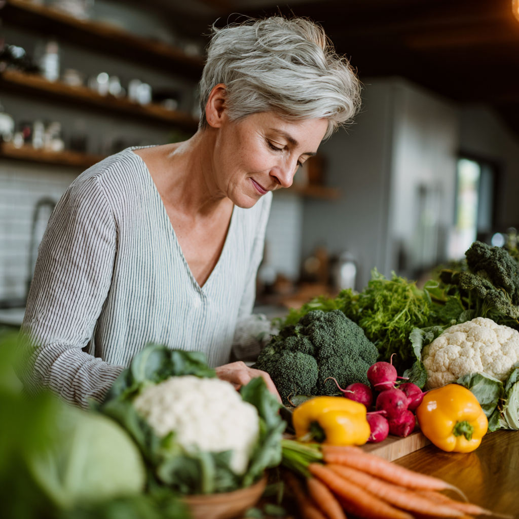Middle-aged woman examining healthy fresh vegetables and fruits on kitchen counter, showing connection between nutrition and skin health