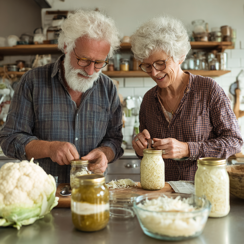 Older adults preparing fermented foods like yogurt, kefir and sauerkraut in a bright kitchen setting